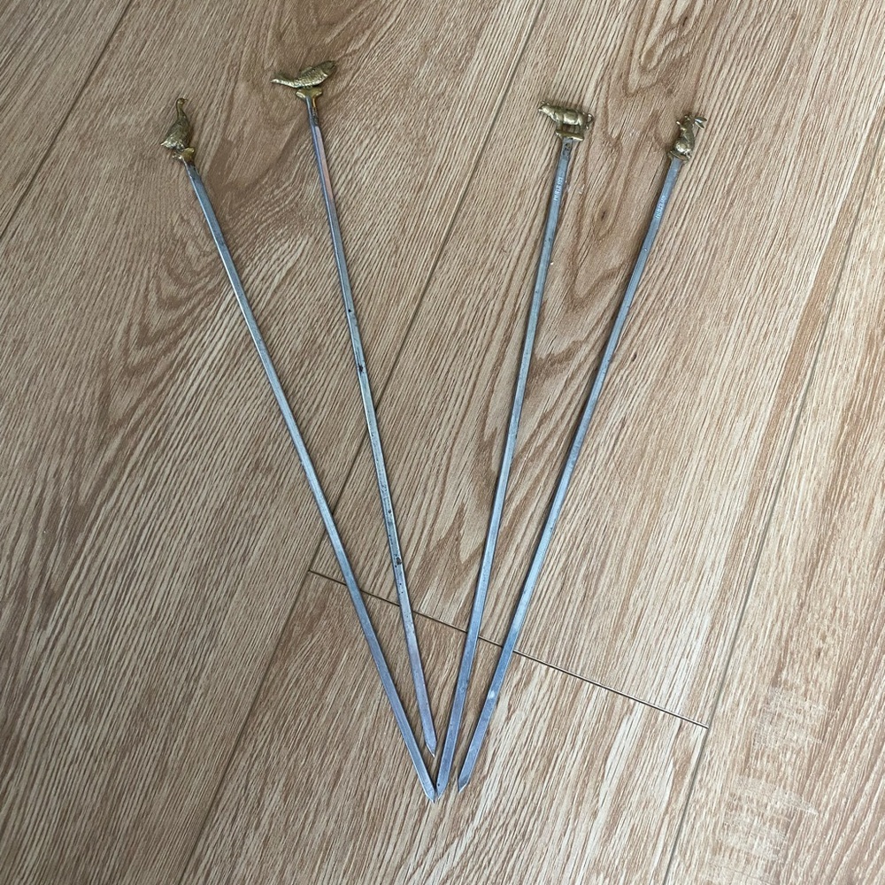 Vintage Greece Brass & Stainless Steel Shish Kabob Skewers With Animal Figures